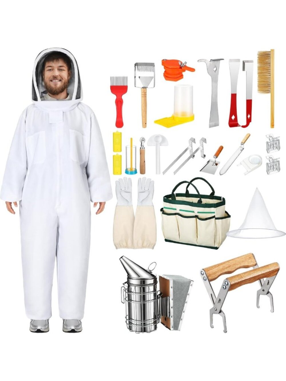 Beekeeping Starter Kit - 30 Pcs Bee Suit, Gloves, Hive Boxes & Tools for